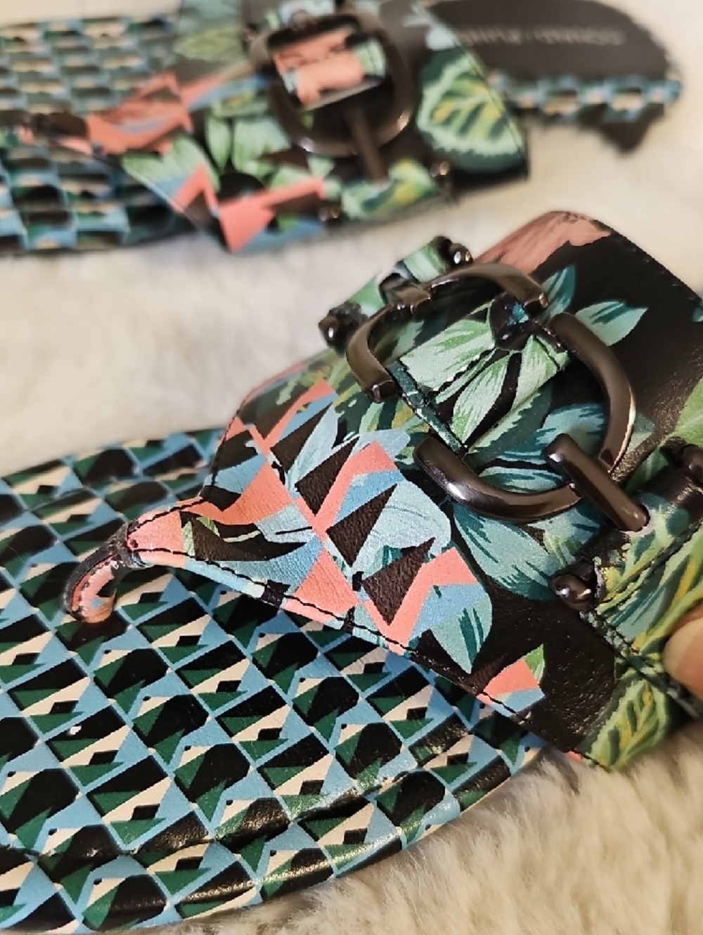 Donald J. Pliner Floral Print Slide Sandals in Black, Green and Pink - Picture 4 of 7